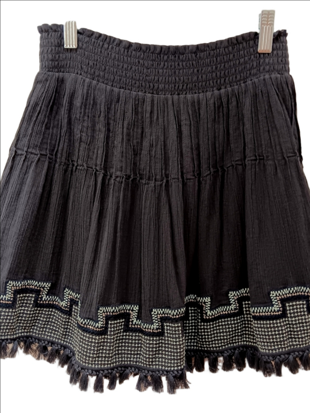 J Crew Navy Smocked Waist Tiered Mini Skirt with Light Blue & White Trim Boho